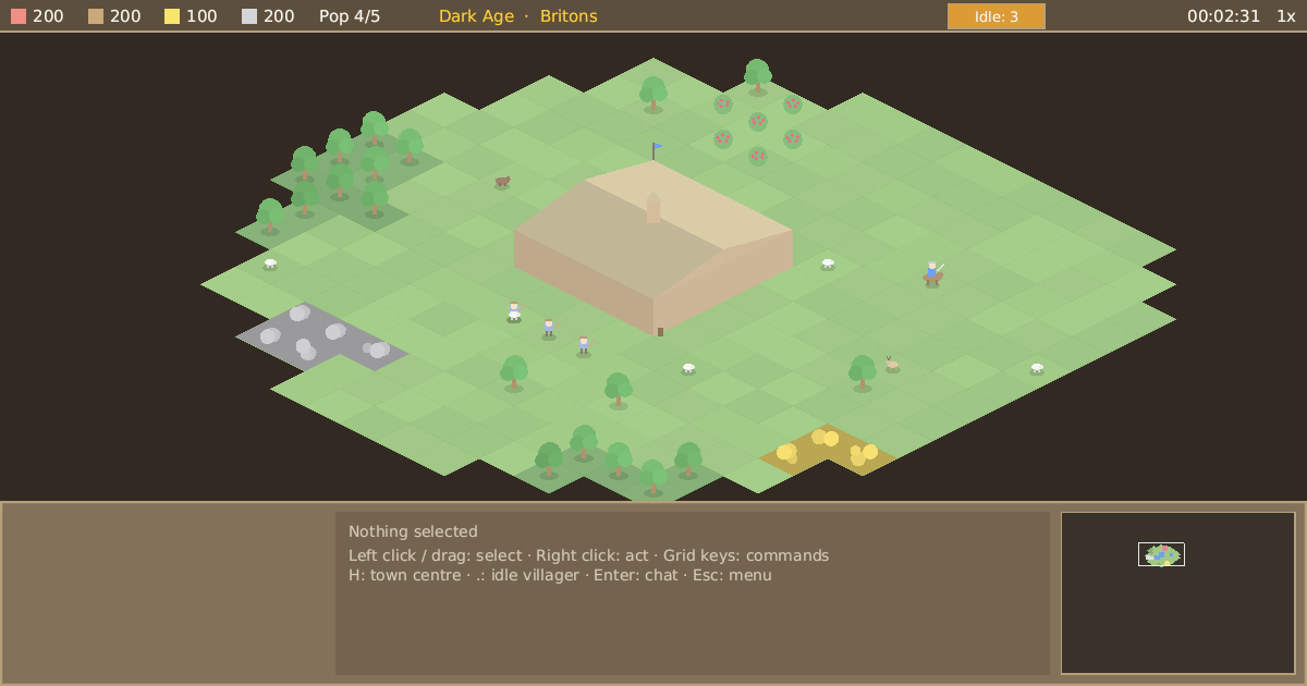 A Dark Age town in Wars: town centre, villagers, sheep, berries and forest on an isometric map